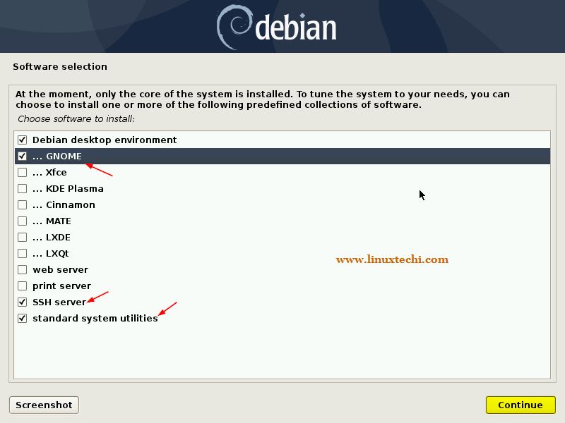 The Debian Installer screen where you are asked what you want installed, including a print server.