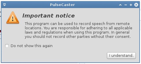 PulseCaster&rsquo;s warning screen